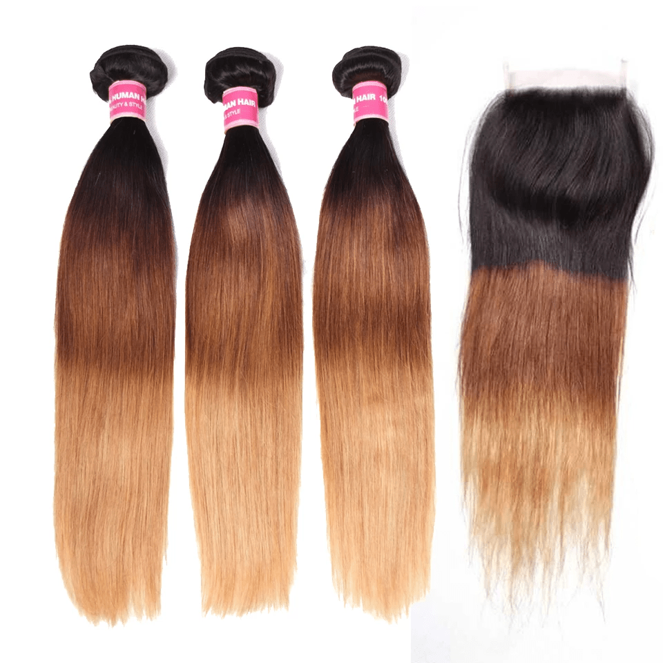 Ombre 1b/4/27 Straight 3 Bundles with 4X4 lace Closure 100% Real Human Hair - Lemoda Hair