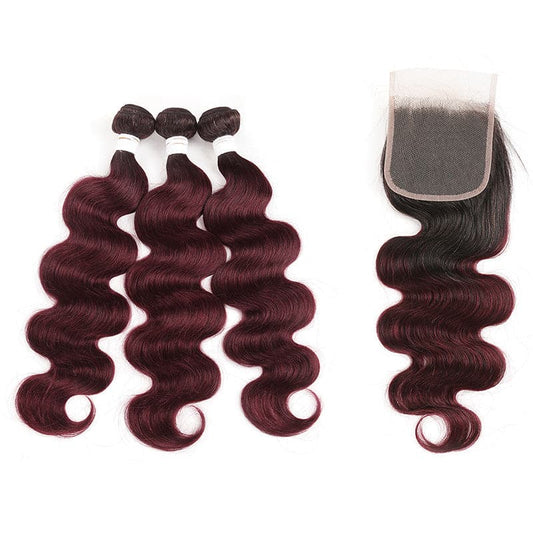 Ombre 1B/99J Body Wave 3 Bundles With 4x4 Lace Closure pre Colored 100% Real Human Hair - Lemoda Hair