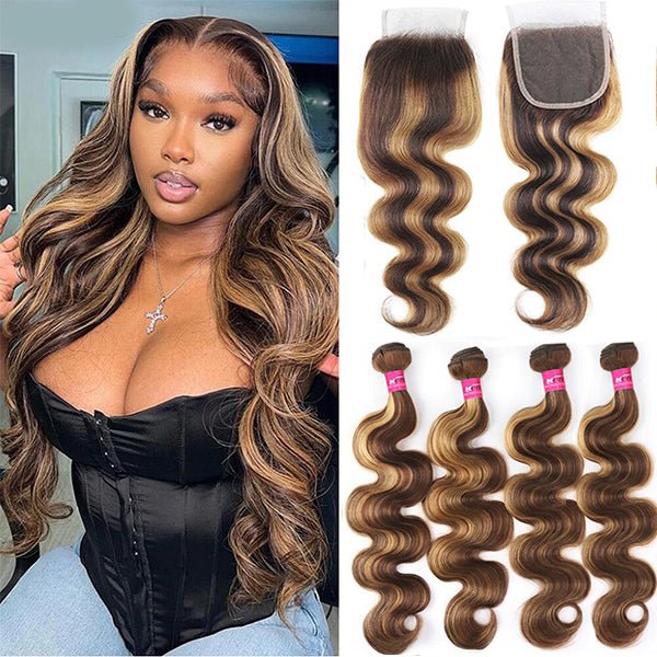 P4/27 Highlight Body Wave 4 Bundles With 4x4 Lace Closure 100% Human Hair - Lemoda Hair