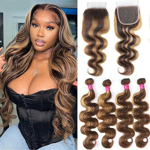 P4/27 Highlight Body Wave 4 Bundles With 4x4 Lace Closure 100% Human Hair - Lemoda Hair