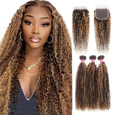 P4/27 Highlight Kinky Curly 3 Bundles With 4X4 Lace Closure 100% Human Hair - Lemoda Hair