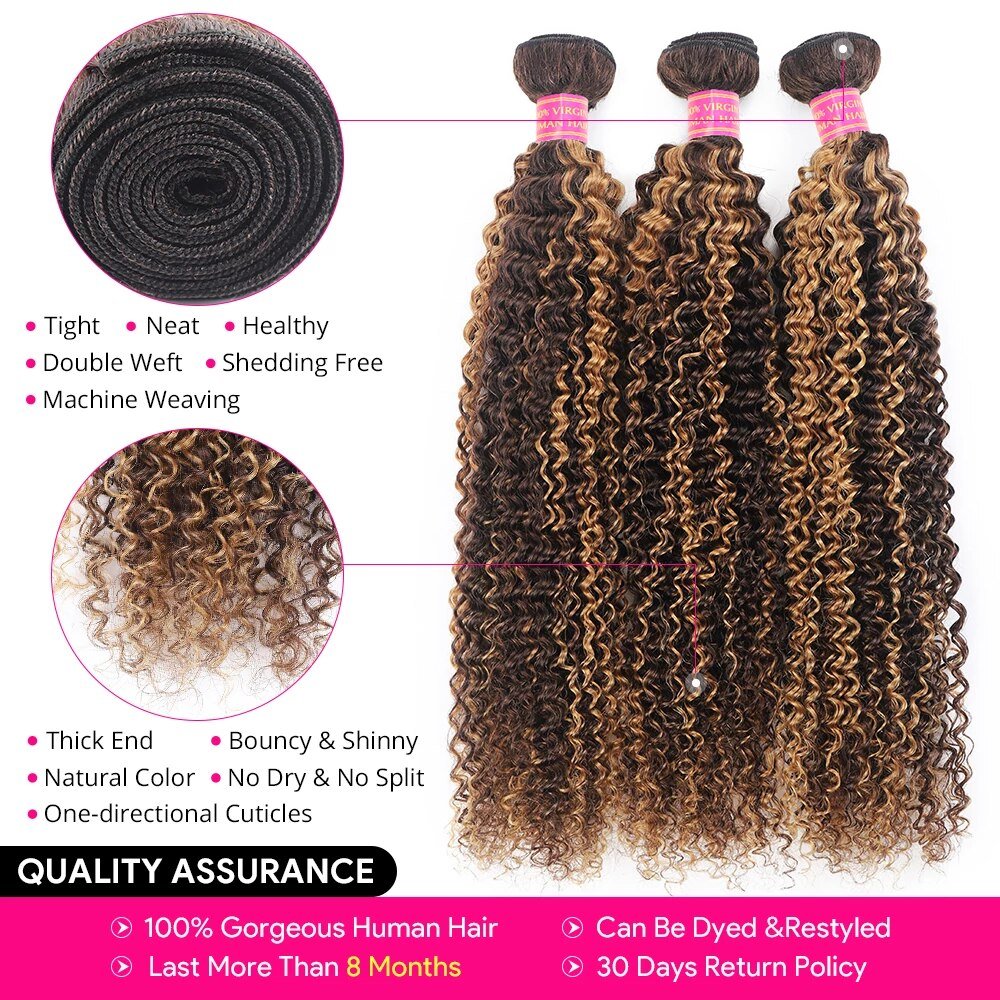 P4/27 Highlight Kinky Curly 3 Bundles With 4X4 Lace Closure 100% Human Hair - Lemoda Hair