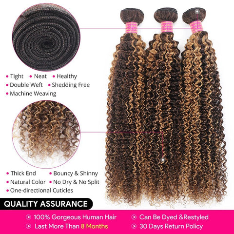 P4/27 Highlight Kinky Curly 3 Bundles With 4X4 Lace Closure 100% Human Hair - Lemoda Hair