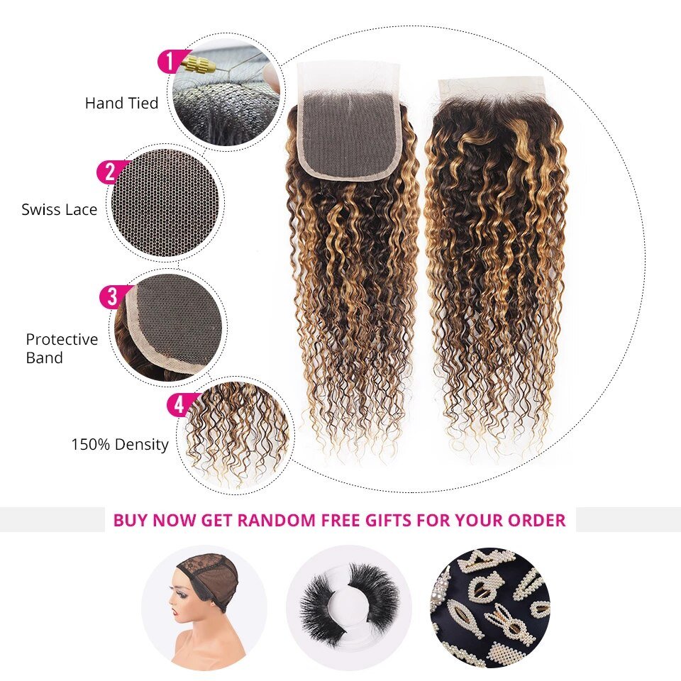 P4/27 Highlight Kinky Curly 3 Bundles With 4X4 Lace Closure 100% Human Hair - Lemoda Hair