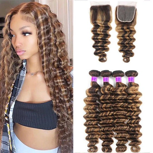 P4/30 Auburn Brown Highlight Loose Deep 4 Bundles With 4x4 Lace Closure 100% Human Hair - Lemoda Hair