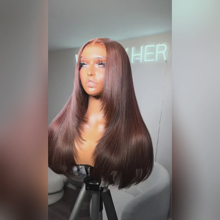 Lemoda Chocolate Brown Glueless Straight Layered Cut 5x5 13x6 Lace Front Human Hair Wigs