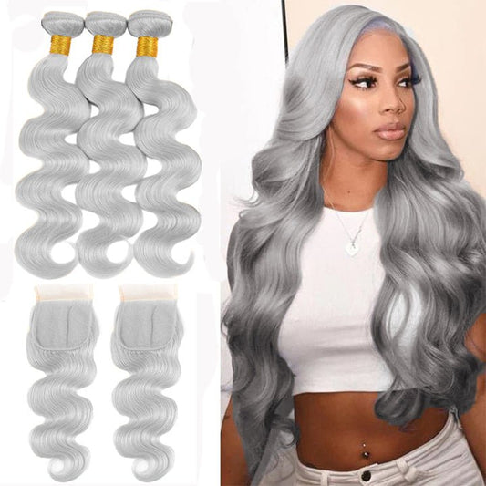Silver Grey Body Wave 3 Bundles With 4x4 Lace Closure Remy Brazilian Human Hair - Lemoda Hair