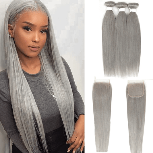 Silver Grey Straight 3 Bundles With 4x4 Closure 100% Remy Human Hair - Lemoda Hair