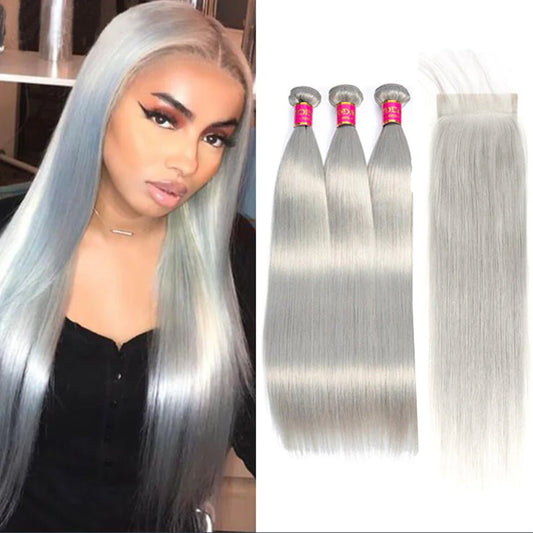 Silver Grey Straight 3 Bundles With 4x4 Closure 100% Remy Human Hair - Lemoda Hair