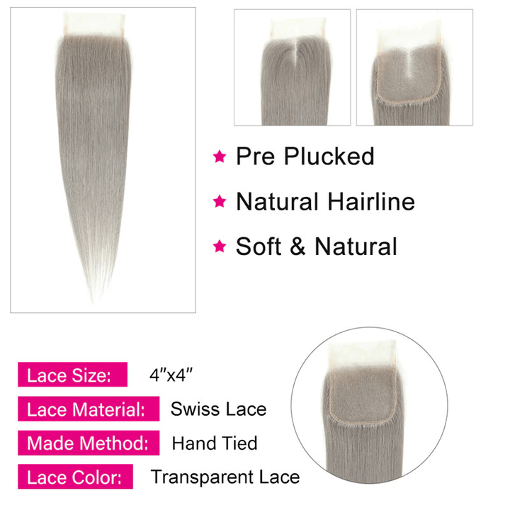 Silver Grey Straight 3 Bundles With 4x4 Closure 100% Remy Human Hair - Lemoda Hair