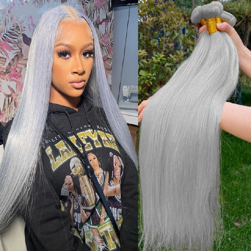 Silver Grey Straight 3 Bundles With 4x4 Closure 100% Remy Human Hair - Lemoda Hair