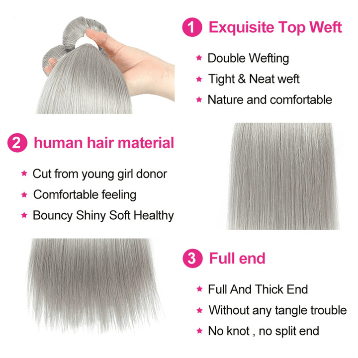 Silver Grey Straight 3 Bundles With 4x4 Closure 100% Remy Human Hair - Lemoda Hair