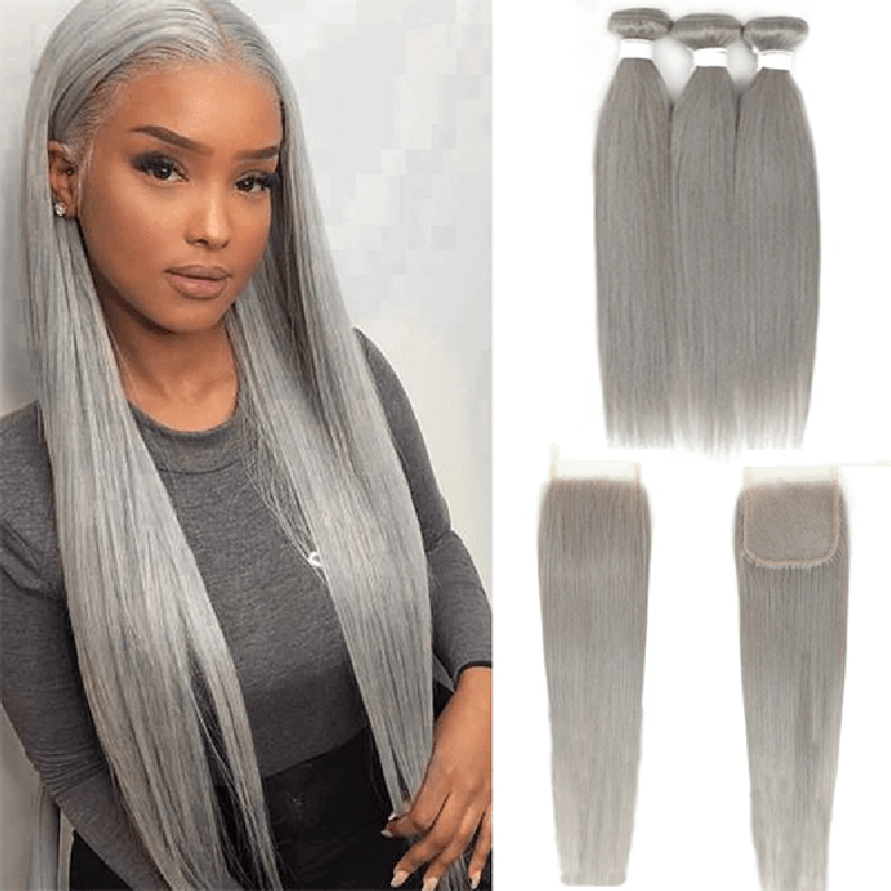 Silver Grey Straight 3 Bundles With 4x4 Closure 100% Remy Human Hair - Lemoda Hair