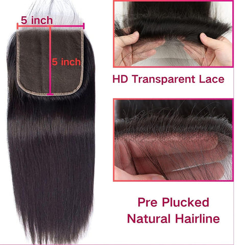 Lemoda Straight Hair 5x5 Transparent HD Lace Closure Virgin Human Hair Frontal Closure