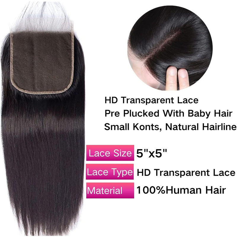 Lemoda Straight Hair 5x5 Transparent HD Lace Closure Virgin Human Hair Frontal Closure