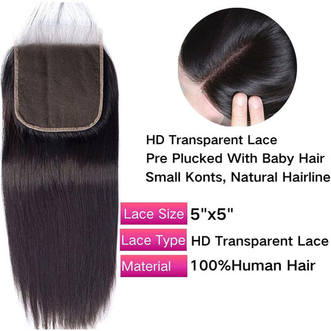 Lemoda Straight Hair 5x5 Transparent HD Lace Closure Virgin Human Hair Frontal Closure