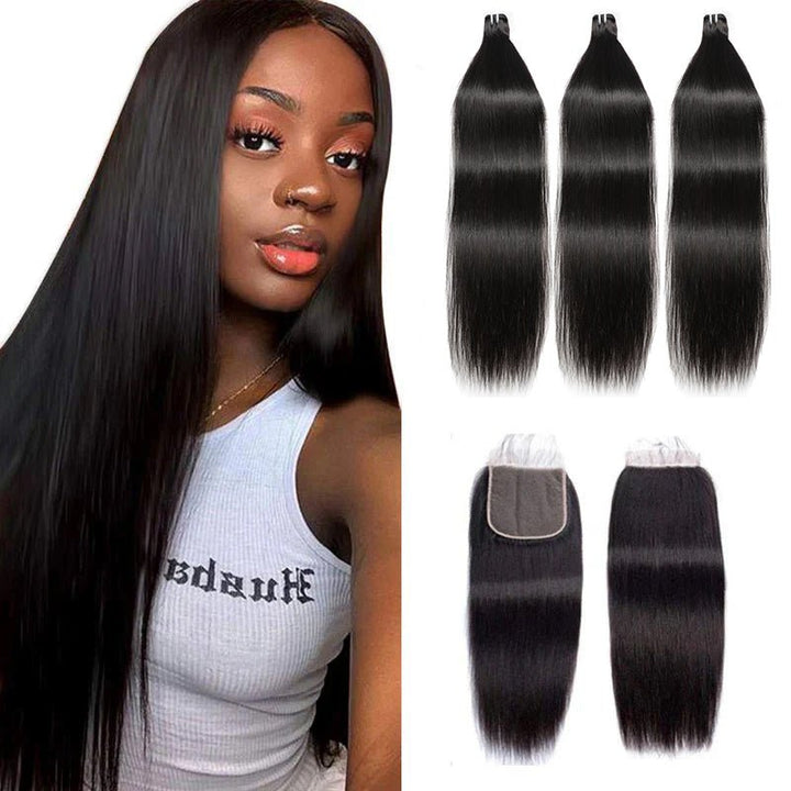 Straight Hair 4 Bundles with 4x4 Lace Closure 100% Human Hair - Lemoda Hair