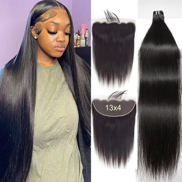 Straight Human Hair Bundles With Frontal Transparent 13x4 Lace Closure 12A Grade Hair - Lemoda Hair