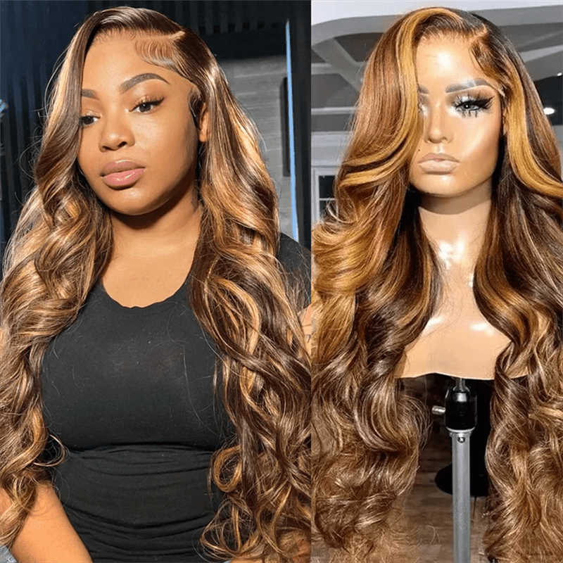 Straight Human Hair Highlight Ombre 4/27 Color Body Wave 13x4 Lace Front Wig - Lemoda Hair