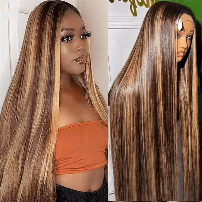 Straight Human Hair Highlight Ombre 4/27 Color Body Wave 13x4 Lace Front Wig - Lemoda Hair