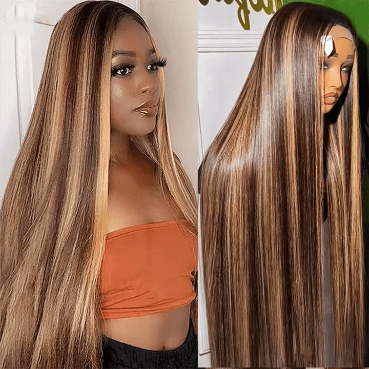 Straight Human Hair Highlight Ombre 4/27 Color Body Wave 13x4 Lace Front Wig - Lemoda Hair