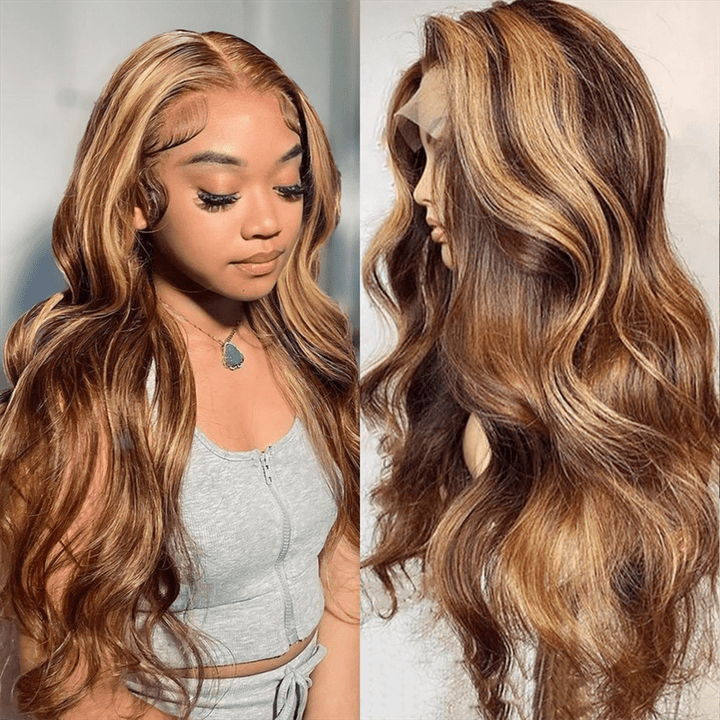 Straight Human Hair Highlight Ombre 4/27 Color Body Wave 13x4 Lace Front Wig - Lemoda Hair