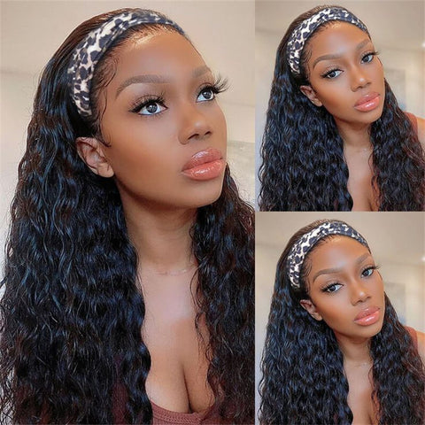 Lemoda Hair Water Wave Glueless Human Hair Wigs Headband Scarf Wig Natural Color