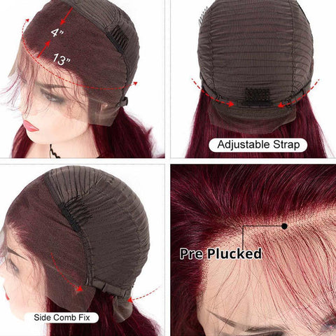 13x4 Lace Front Wigs Human Hair Burgundy Red 99J Straight with pre plucked baby hair