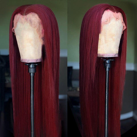 13x4 Lace Front Wigs Human Hair Burgundy Red 99J Straight with pre plucked baby hair