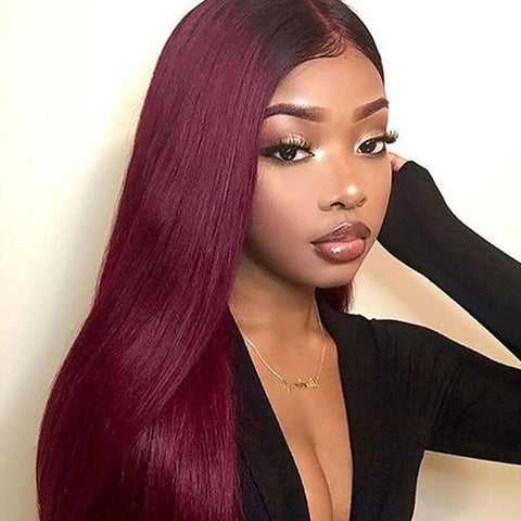 13x4 Lace Front Wigs Human Hair Burgundy Red 99J Straight with pre plucked baby hair