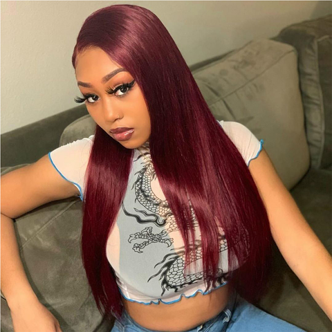 13x4 Lace Front Wigs Human Hair Burgundy Red 99J Straight with pre plucked baby hair